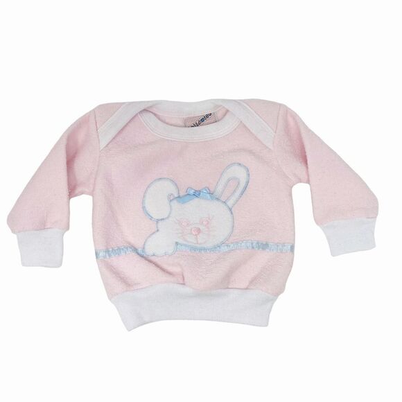 Baby Girls Sz 0-6 Mo Sweatshirt Pastel Pink Bunny Rabbit Blue Satin Colorwise - Picture 1 of 8